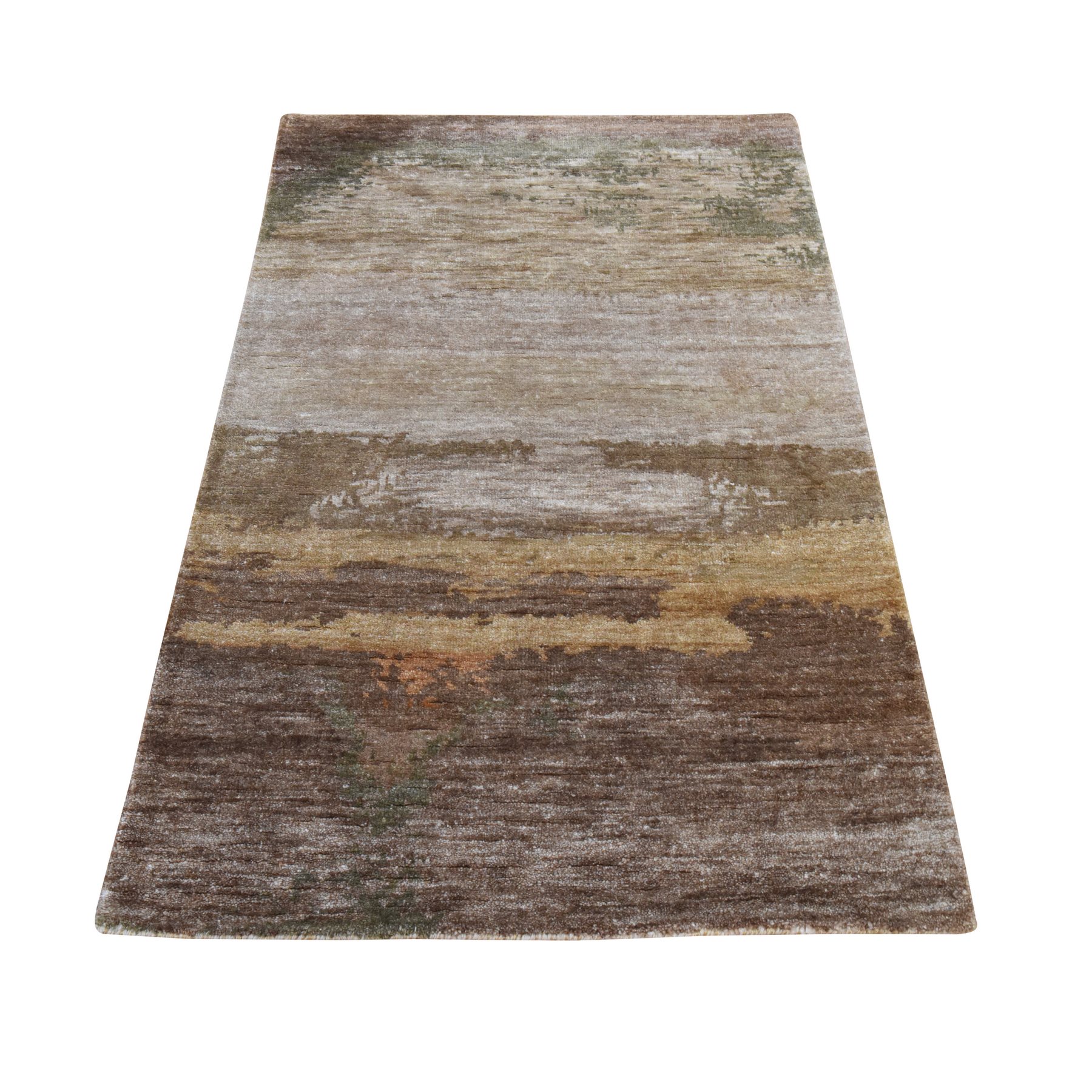 3'x5' Shades of Brown with Earth Tone Colors, Modern Abstract Design, Wool and Silk, Hand Knotted, Oriental Rug 